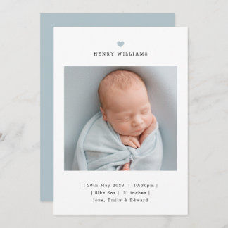 Minimalist Blue Heart Boy Birth Announcement Aankondiging