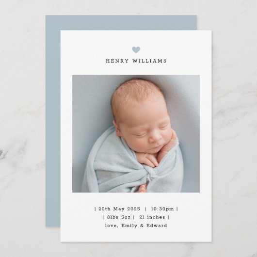 Minimalist Blue Heart Boy Birth Announcement Aankondiging (Voorkant / Achterkant)
