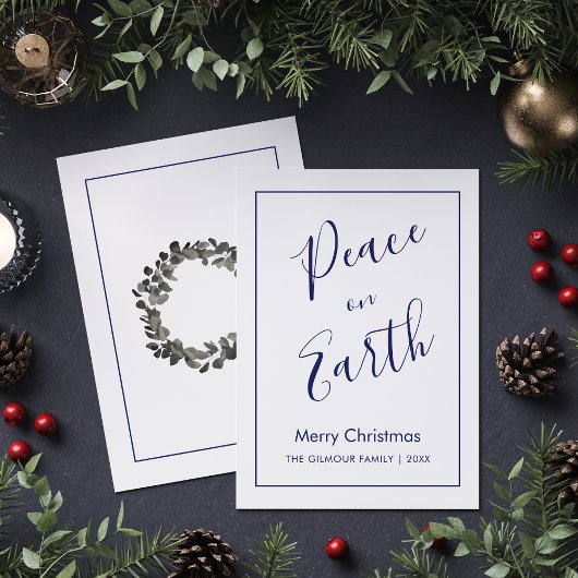 Minimalist|Blue Peace on Earth Christmas Card Kaart