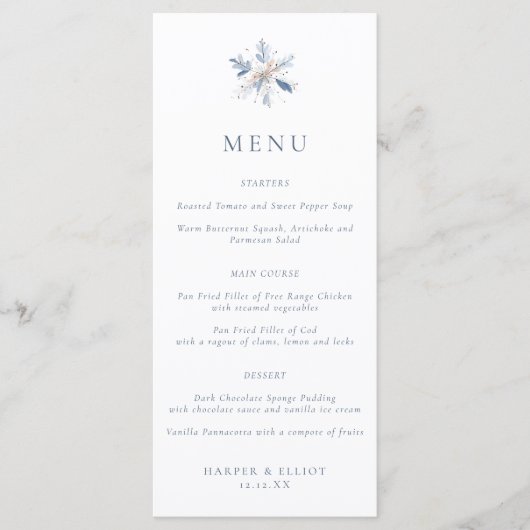 Minimalist Blue Snowflake Winter Wedding Menu (Voorkant)