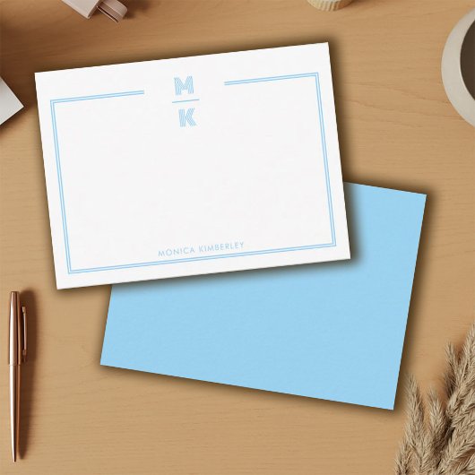 Minimalist Blue Two Border Monogram Note Card Notitiekaartje