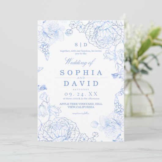 Minimalist Blue WildFlower Rustic Wedding  Kaart (Staand voorkant)