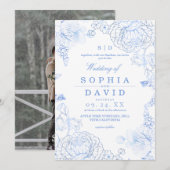 Minimalist Blue WildFlower Rustic Wedding  Kaart (Voorkant / Achterkant)