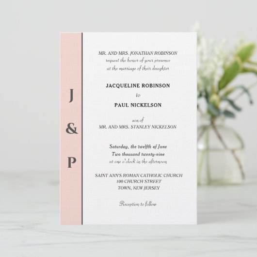 Minimalist Blush White Monogram Kaart (Staand voorkant)