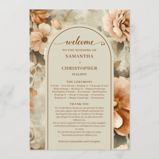 Minimalist Boho Copper Ivory Sage Floral Wedding  Programmakaart (Voorkant)