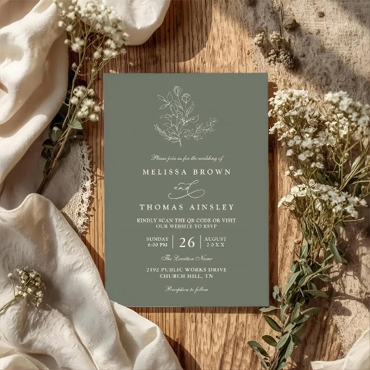 Minimalist Boho Floral Sage Modern QR Code Wedding Kaart