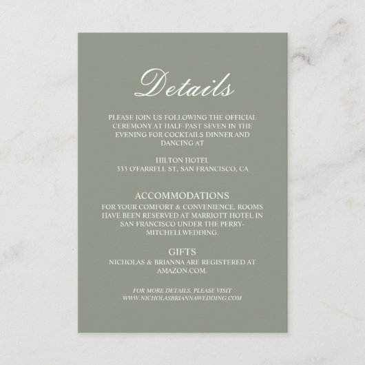 Minimalist Boho Green Elegant Wedding Details Informatiekaartje (Voorkant)