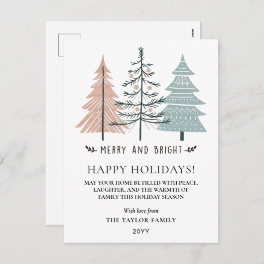 Minimalist Boho Merry and Bright Christmas Trees Feestdagenkaart (Voorkant / Achterkant)