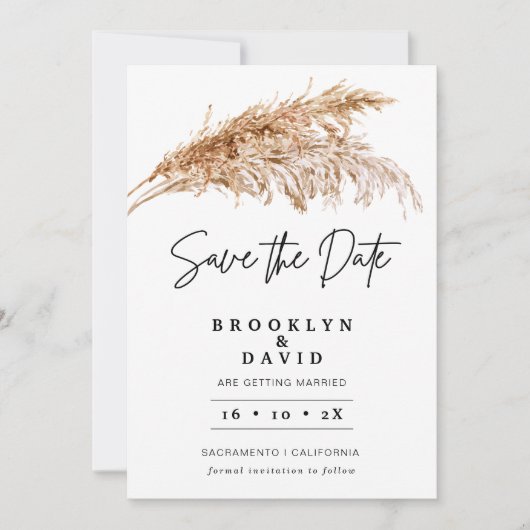 Minimalist Boho Pampas Grass Save the Date Kaart (Voorkant)