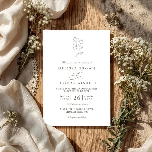 Minimalist Boho Sage Floral Modern QR Code Wedding Kaart