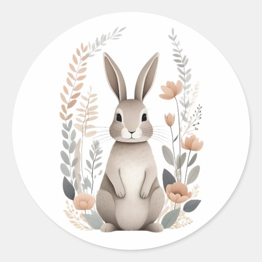Minimalist Boho Schattige Konijnenkonijn met bloem Ronde Sticker (Voorkant)