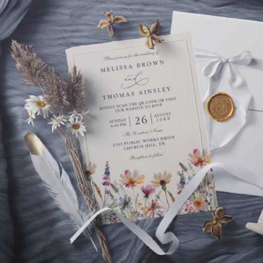 Minimalist Boho Wildflower Floral QR Code Wedding Kaart