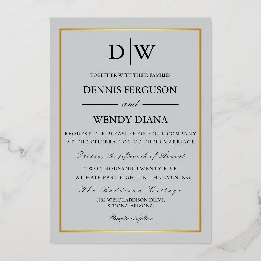 Minimalist Border Monogram Wedding Folie Uitnodiging (Voorkant)