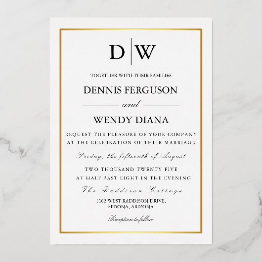 Minimalist Border Monogram Wedding Folie Uitnodiging (Voorkant)