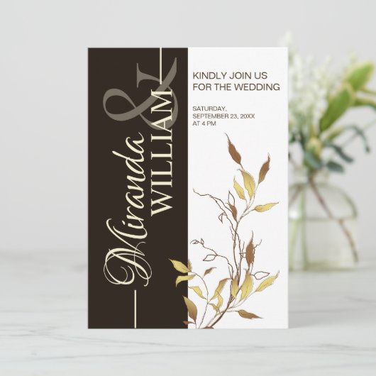 Minimalist Botanical Brown Wedding Invitation Kaart (Staand voorkant)