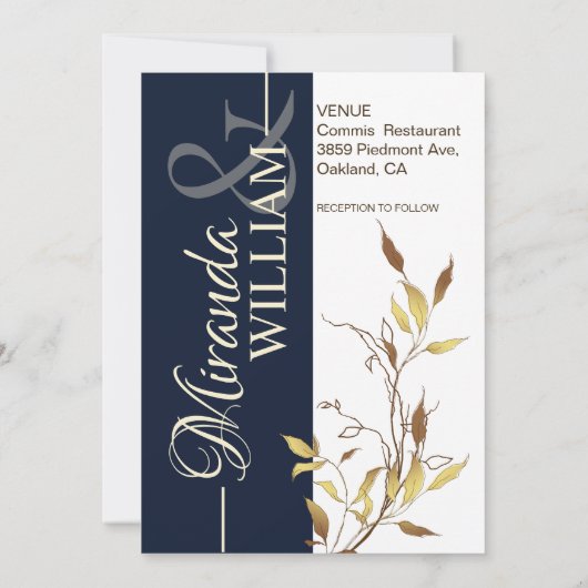 Minimalist Botanical Navy Blue Wedding Invitation Kaart (Achterkant)
