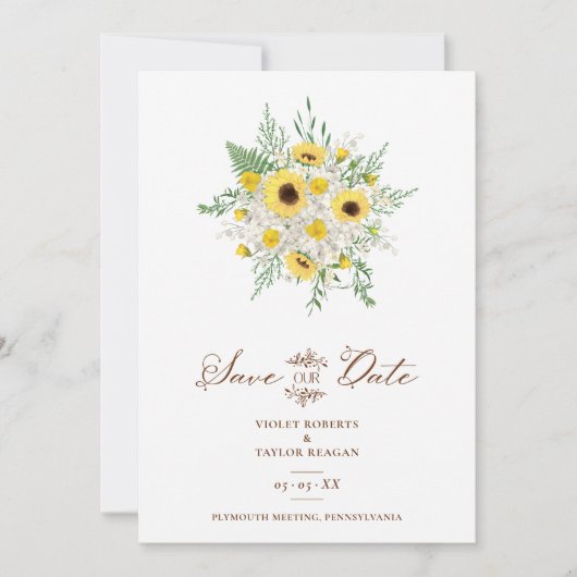 Minimalist Botanical Sunflowers Bouquet Wedding Save The Date (Voorkant)