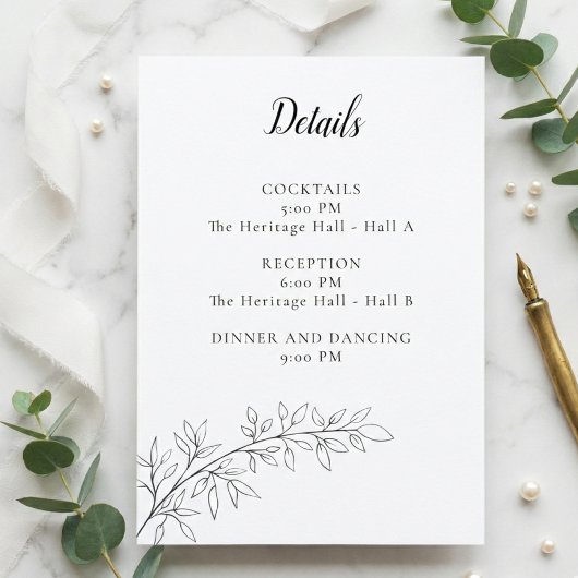 Minimalist Botanical Wedding Details Card Black Informatiekaartje
