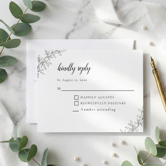 Minimalist Botanical Wedding Elegant Black White  RSVP Kaartje