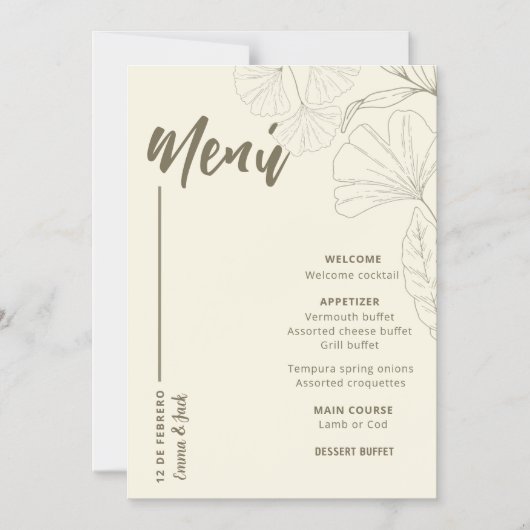 Minimalist Botanical Wedding Menu Card Magnetische Uitnodiging (Voorkant)