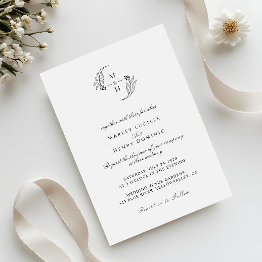 Minimalist botanical Wreath Monogram Wedding Kaart