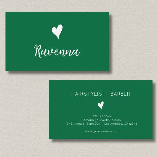 Minimalist Bottle Green White Heart Barber Name Visitekaartje