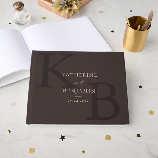 Minimalist Brown Monogram Modern Wedding Gastenboek (Voorkant open)