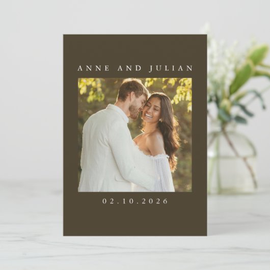 Minimalist Brown Wedding Invitation with a photo Kaart (Staand voorkant)