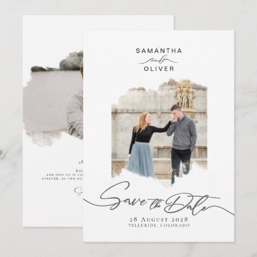 Minimalist Brush Stroke Photo  Frame Save the Date Kaart (Voorkant / Achterkant)