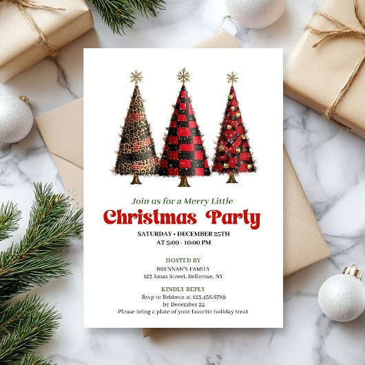 Minimalist buffalo plaid Christmas tree invitation Kaart