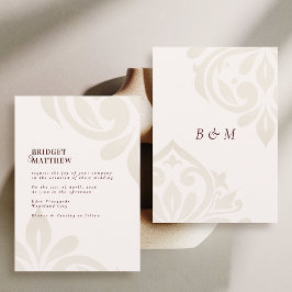 Minimalist Burgundy Cream Classic Damask Wedding Kaart