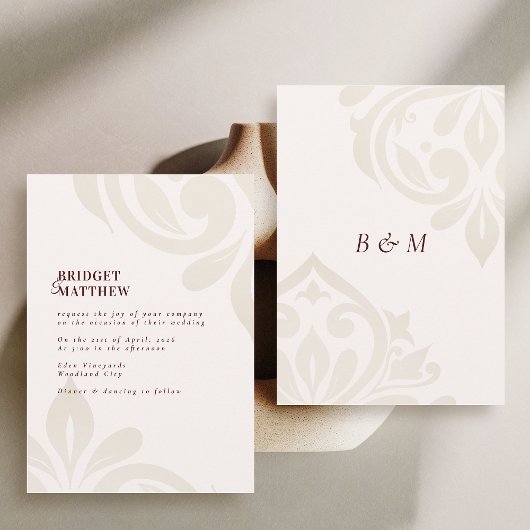 Minimalist Burgundy Cream Classic Damask Wedding Kaart