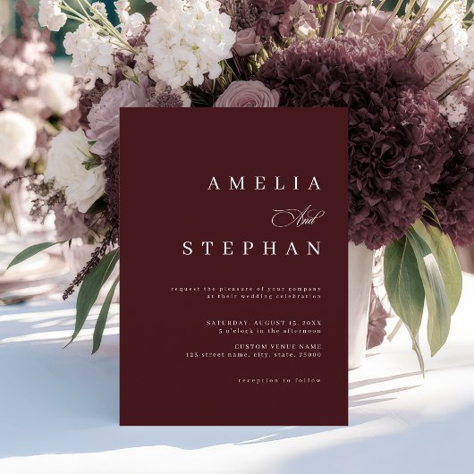 Minimalist Burgundy Elegant Stylish Wedding Kaart