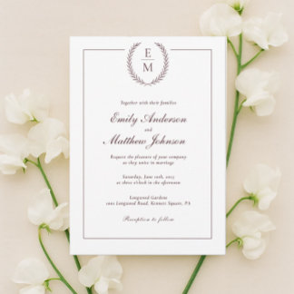 Minimalist Burgundy Laurel Wedding Invitation Kaart