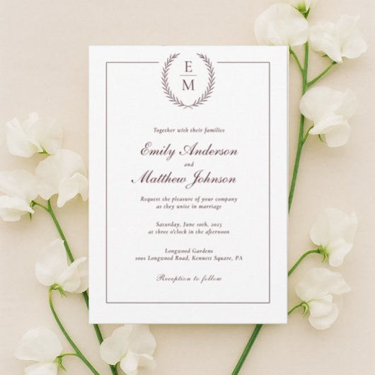 Minimalist Burgundy Laurel Wedding Invitation Kaart