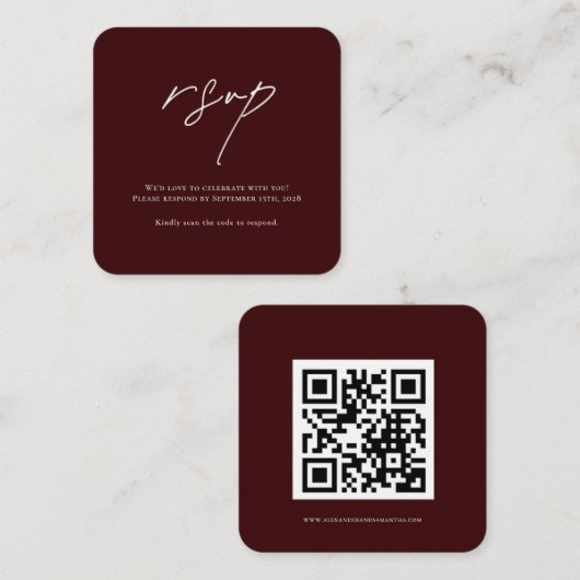 Minimalist Burgundy Wedding RSVP Card with QR Code Informatiekaartje (Voorkant / Achterkant)