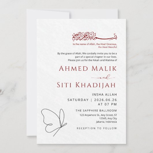 Minimalist Butterfly One Line Art Islamic Wedding Kaart (Voorkant)