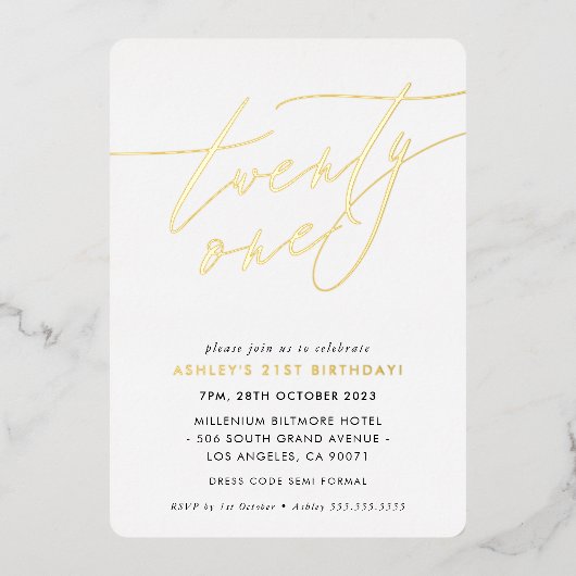 MINIMALIST Calligrafiekeriek 21ste verjaardagsgoud Folie Uitnodiging (Voorkant)