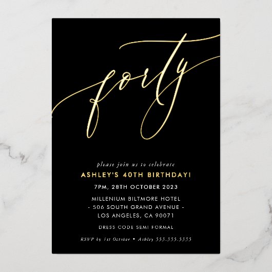 MINIMALIST Calligrafiekeriek 40ste verjaardagsgoud Folie Uitnodiging (Voorkant)