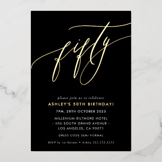 MINIMALIST Calligrafiekeriek 50ste verjaardagsgoud Folie Uitnodiging (Voorkant)
