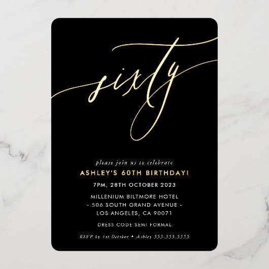 MINIMALIST Calligrafiekeriek 60ste verjaardagsgoud Folie Uitnodiging (Voorkant)