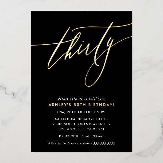 MINIMALIST Calligrafietechiek 30e verjaardag goud Folie Uitnodiging (Voorkant)