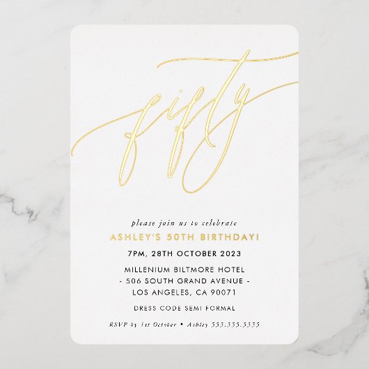 MINIMALIST Calligrafietechiek 50ste verjaardagsgou Folie Uitnodiging (Voorkant)