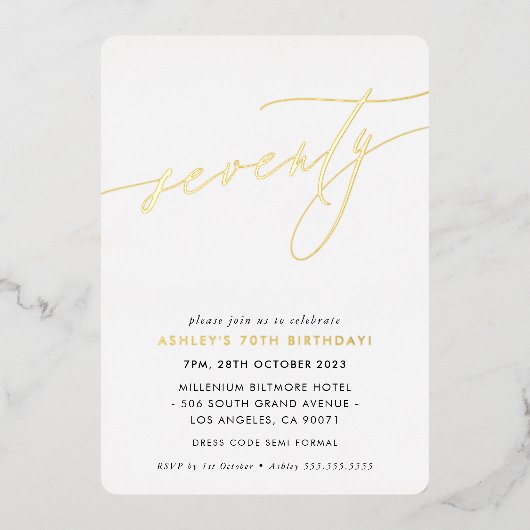 MINIMALIST Calligrafietechiek 70e verjaardagsgoud Folie Uitnodiging (Voorkant)