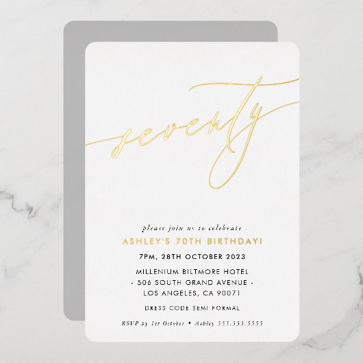 MINIMALIST Calligrafietechiek 70e verjaardagsgoud Folie Uitnodiging (Voorkant / Achterkant)