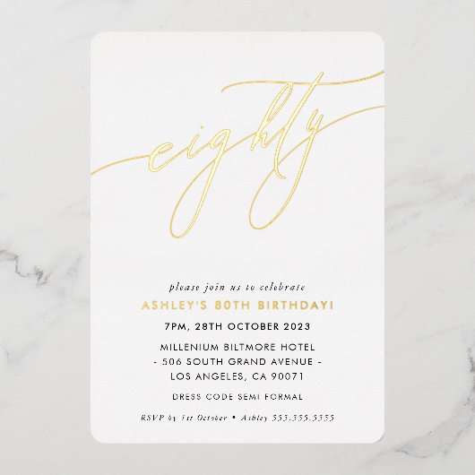 MINIMALIST Calligrafietechiek 80ste verjaardagsgou Folie Uitnodiging (Voorkant)