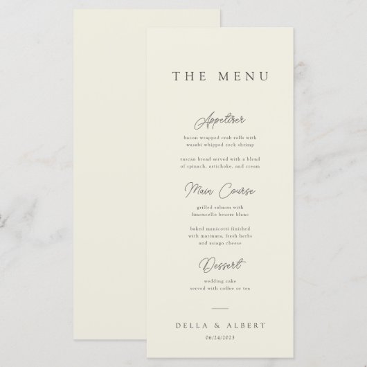 Minimalist Calligraphic Ivory Wedding Menu (Voorkant / Achterkant)