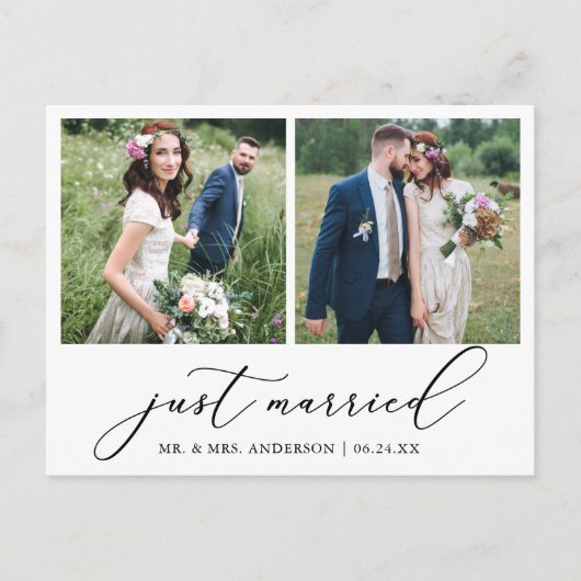 Minimalist Calligraphy 2 Photo Just Married Briefkaart (Voorkant)