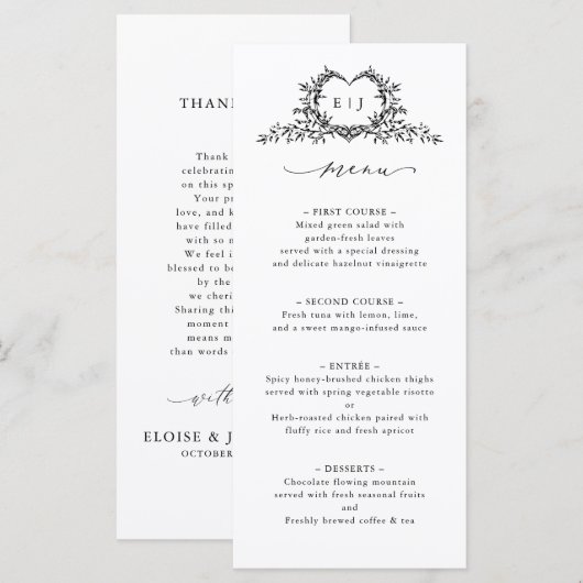 Minimalist Calligraphy Crest Double-Sided Wedding Menu (Voorkant / Achterkant)
