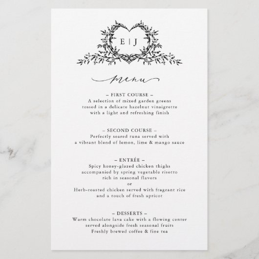 Minimalist Calligraphy Crest monogram Wedding Menu (Voorkant)